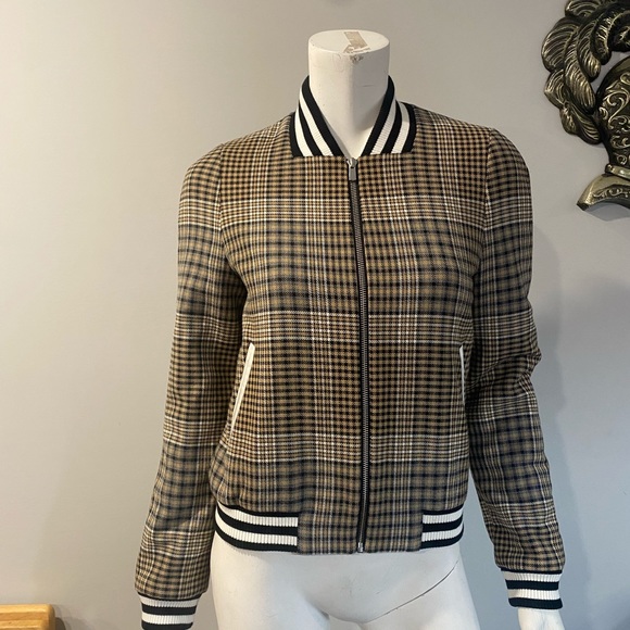 Maje houndstooth Bomber jacket lined black white varsity stripe size 38
